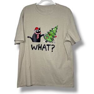 Men's Beige Christmas Black Cat Tree "WHAT?" Graphic Tee Shirt XL